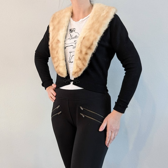 BLACK CASHMERE CARDIGAN sweater with fur collar S… - image 1