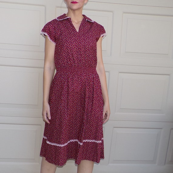 1970s CALICO DAY DRESS 70s burgundy cotton popove… - image 5