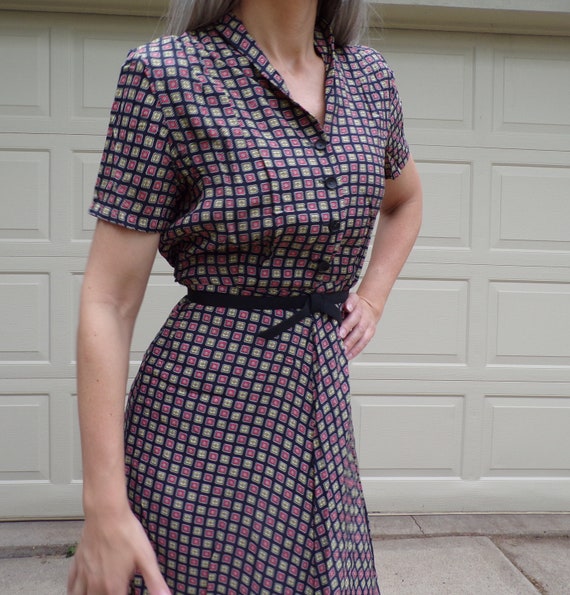 1940's RAYON DRESS 40's SHIRTDRESS S navy (D7)