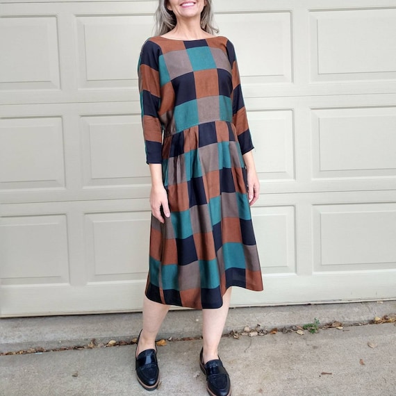 COLORBLOCK CHECK DRESS 1980's 80's rayon S M (G12) - image 1