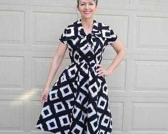 bold BLACK and WHITE cotton DRESS 1950's 50's S