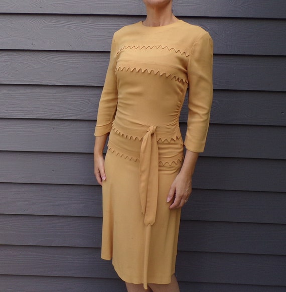 MUSTARD CREPE DRESS 1930's 1940's xs