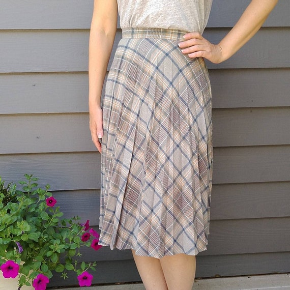 SOFTLY PLEATED plaid SKIRT gray blue tan xs (B6) - image 3