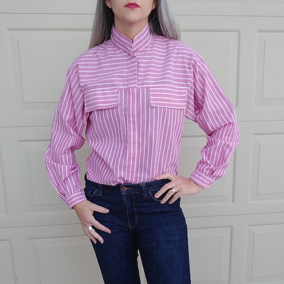 PINK STRIPED CHAMBRAY blouse 1980s 80s S (B8)