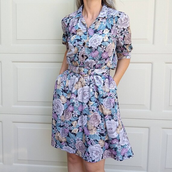 BELTED FLORAL DRESS 1970's 1980's S M (E4) - image 1