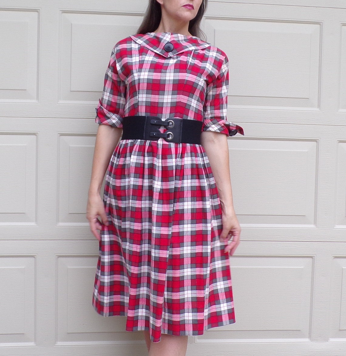 Adorable PLAID SHIRTWAIST DRESS full skirt S A3 | Etsy