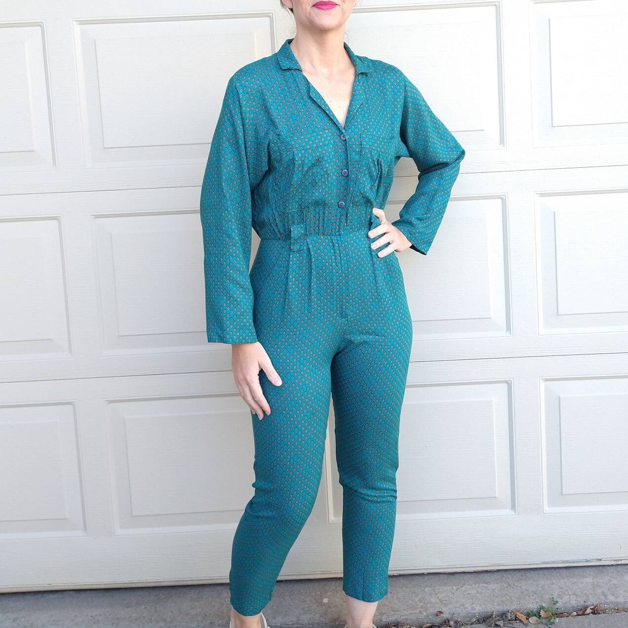 1980's TEAL RAYON JUMPSUIT 80's S (J11) - Etsy