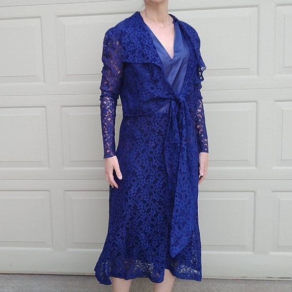 DEEP BLUE LACE 1920s 20s dress M L (E10)