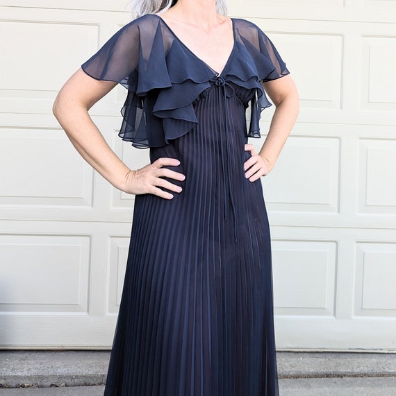 NAVY MAXI DRESS pleated chiffon S (01) - image 6