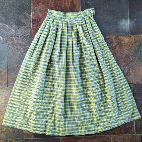 VINTAGE PLAID SKIRT Green Cotton Midi Xxs (D2)