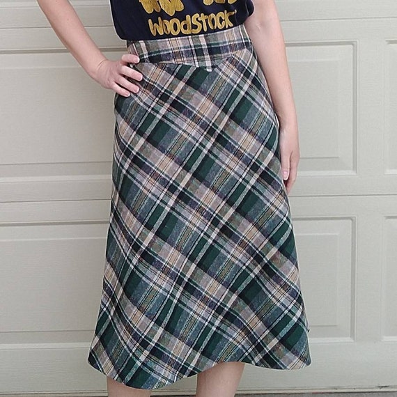 GREEN PLAID Wool SKIRT Mid Length M E6 Etsy UK