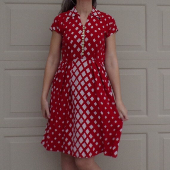 1940's RED OP ART dress jackie hill juniors S peti