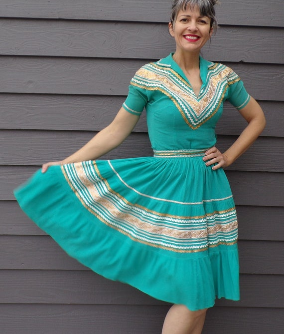 TURQUOISE aqua PATIO DRESS set full skirt 1950's x