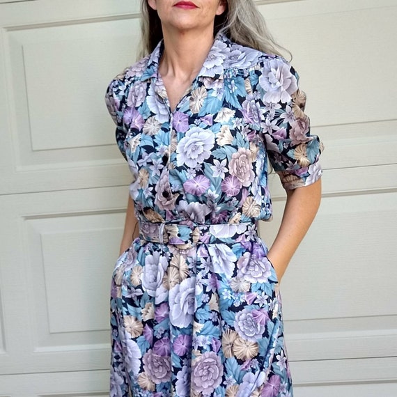 BELTED FLORAL DRESS 1970's 1980's S M (E4) - image 3