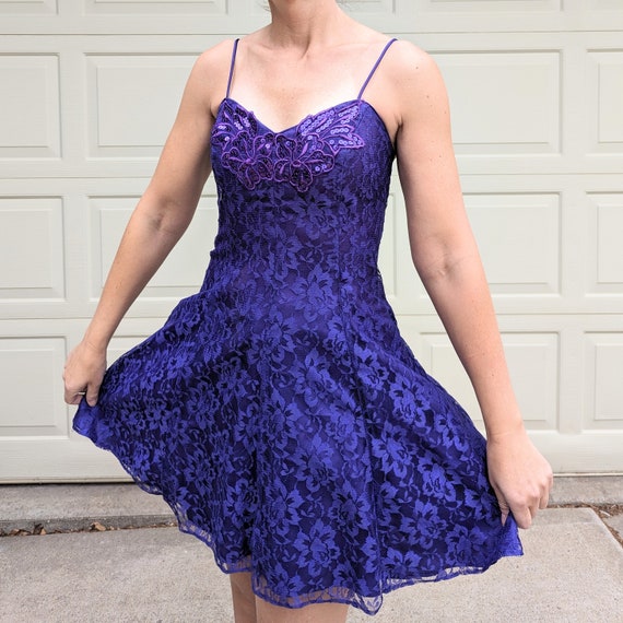 PURPLE PARTY DRESS fit n flare mini 1980's S (O3) - image 6