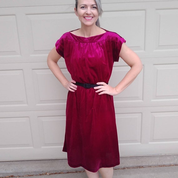 BERRY VELOUR DRESS 1970's 1980's M (E6)