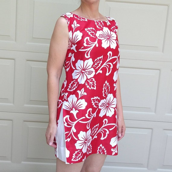 red and white SATEEN HAWAIIAN SHIFT cotton mini d… - image 7