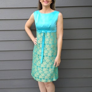 mod SATIN COCKTAIL DRESS 1960&#39;s aqua brocade 60&#39;s S (A6)