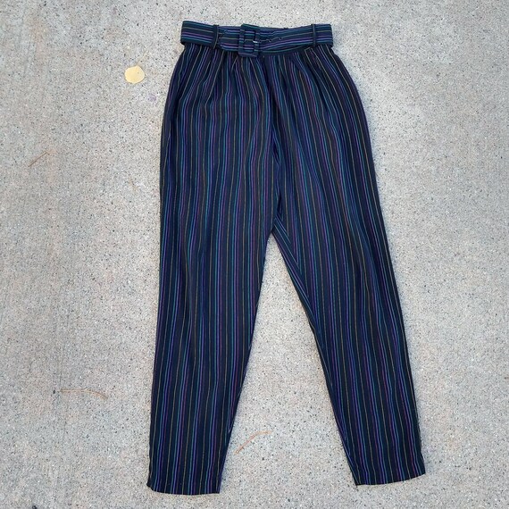 1980's HIGH WAISTED PANTS striped rayon with belt… - image 9