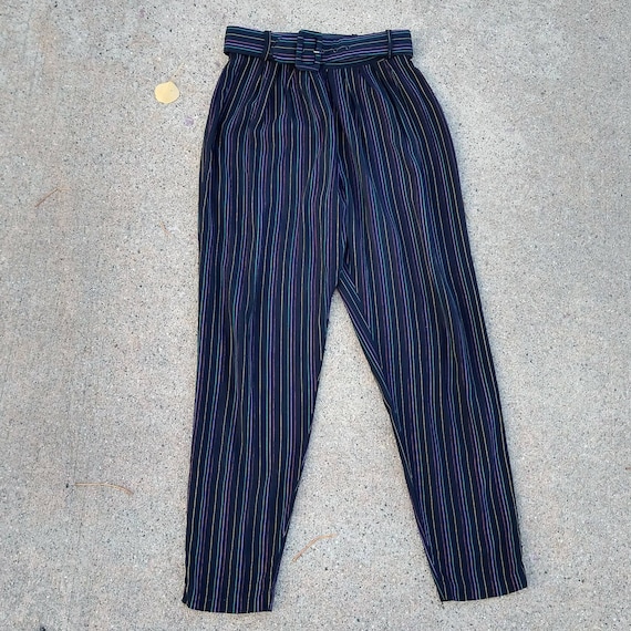 1980's HIGH WAISTED PANTS Striped Rayon With Belt 80's S B6 1980's HIGH WAISTED PANTS Striped Rayon With Belt 80's S B6