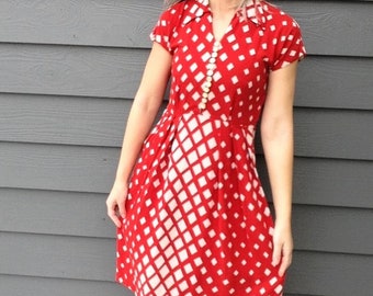 1940's RED OP ART dress jackie hill juniors S petite 40's (E5)