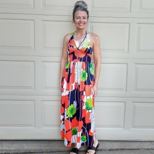 COLE OF CALIFORNIA bright 1970&#39;s halter maxi dress S (D7)