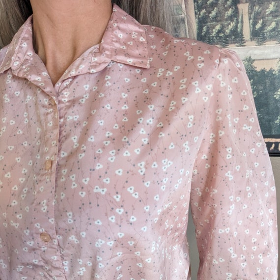 1980's pink SILKY FLORAL BLOUSE 80's S (O3) - image 4
