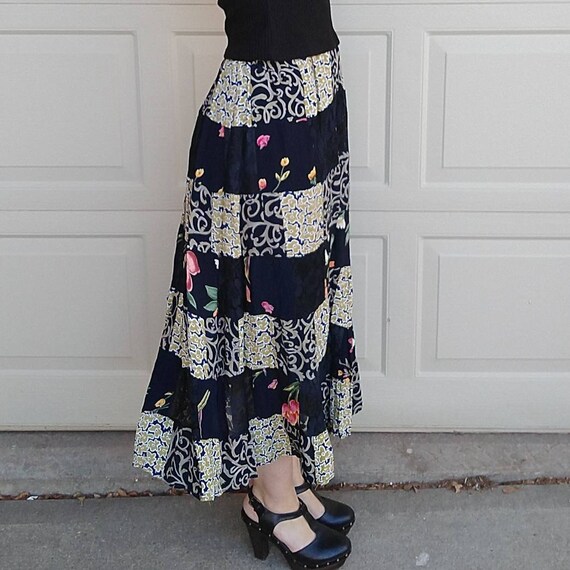 1990's PATCHWORK MAXI SKIRT 90's S (A2) - image 3