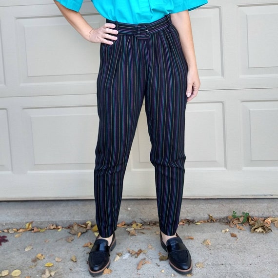 1980's HIGH WAISTED PANTS striped rayon with belt… - image 2