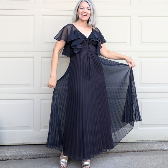 NAVY MAXI DRESS pleated chiffon S (01) - image 3