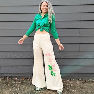 HIGH WAIST wide leg PANTS ivory 1970&#39;s 70&#39;s S M (D9)
