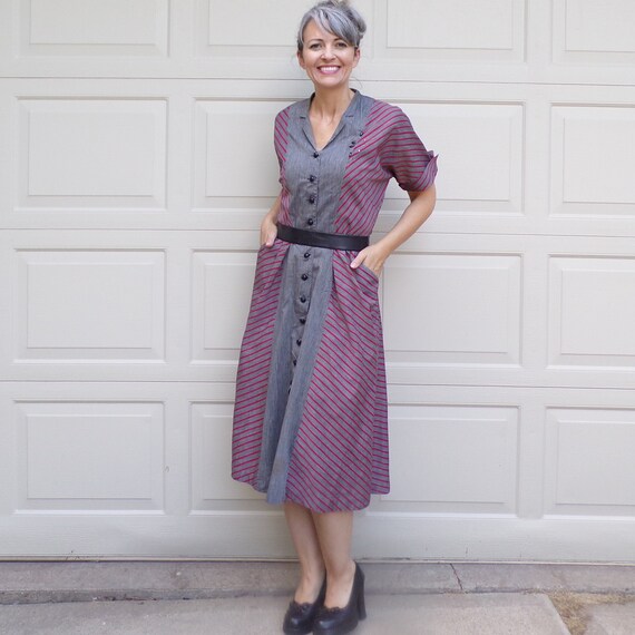 1950's 50's STRIPED toni todd DRESS gray red S (K3