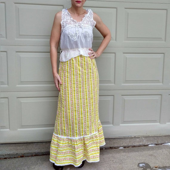 YELLOW SEERSUCKER MAXI skirt prairie stripe boho S