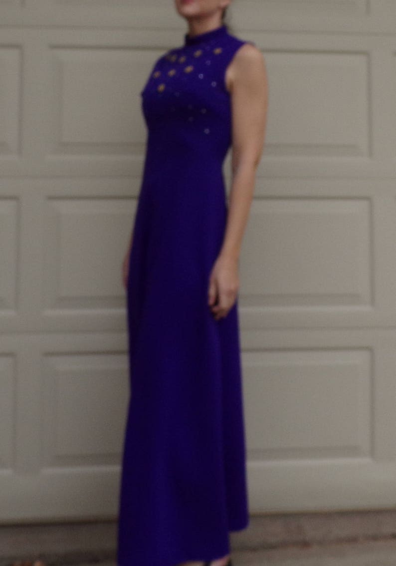 1970's PURPLE MAXI DRESS with jewel accents sleeveless gown S D1 image 3