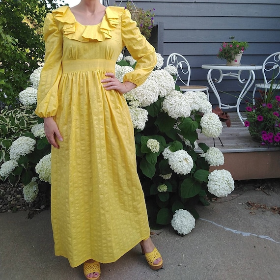 YELLOW SEERSUCKER MAXI dress ruffled boho 1970's … - image 1