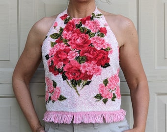 FLORAL TOWEL HALTER top vintage S M (E3)