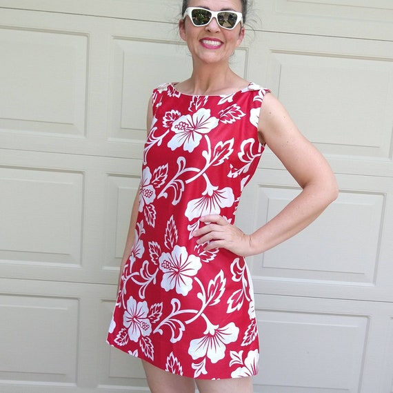 red and white SATEEN HAWAIIAN SHIFT cotton mini d… - image 2