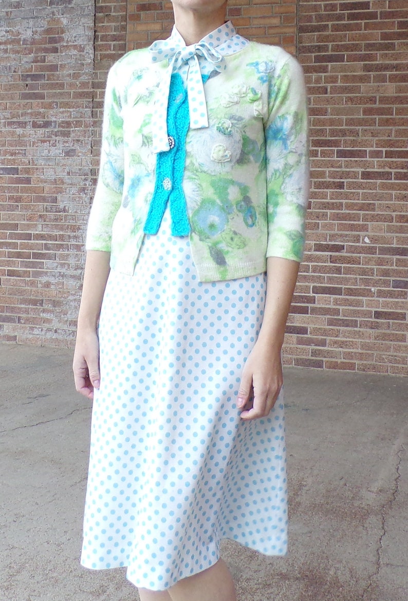 AQUA BLUE polka dot mod DRESS pussy bow neck tie M B1