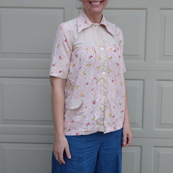 1970's does 1930's COTTON SMOCK BLOUSE S - image 1