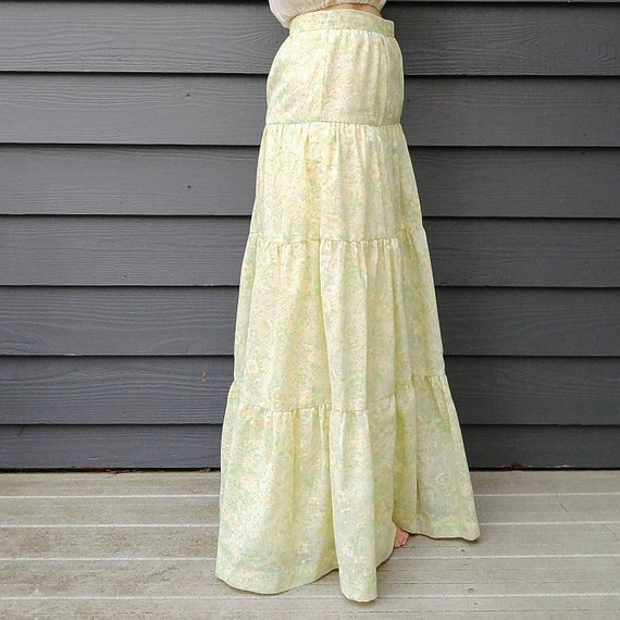 yellow + green TIERED MAXI SKIRT vintage 1970's p… - image 5