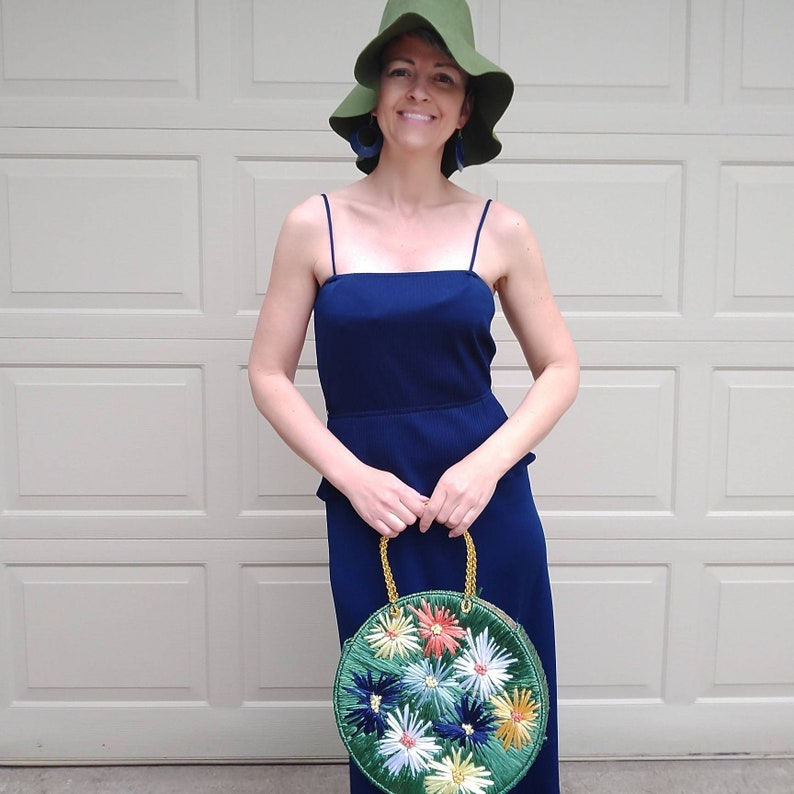 F4 1970s NAVY MAXI DRESS spaghetti strap disco 70s S