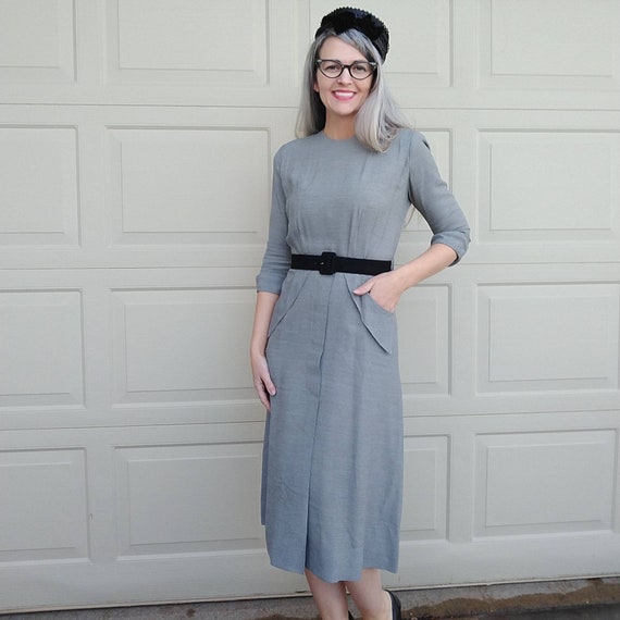 1950s BUTTON BACK DRESS crossweave 50s S (D10)