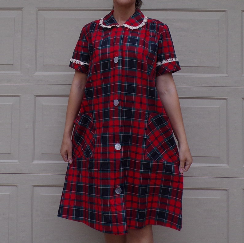 B9 RED PLAID maternity DRESS 1950/'s 1960/'s Peter Pan collar S