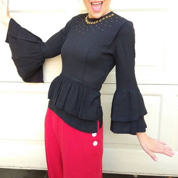 1940's STUDDED PEPLUM BLOUSE 40's black xs (N1) - image 1