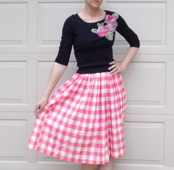 PINK GINGHAM SKIRT 1950's 50's full skirt xs (H9)