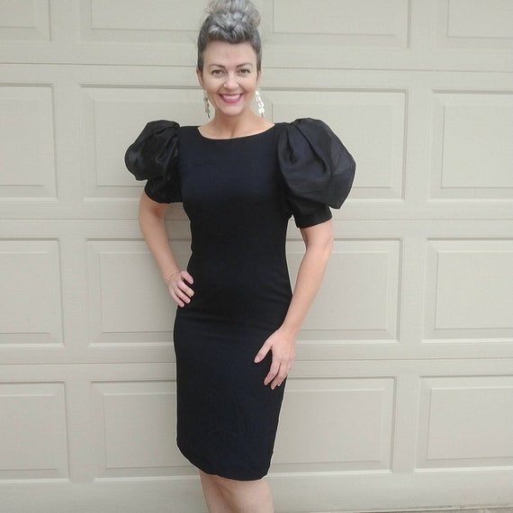 DRAMATIC BLACK 1980's wiggle DRESS 80's puffed sl