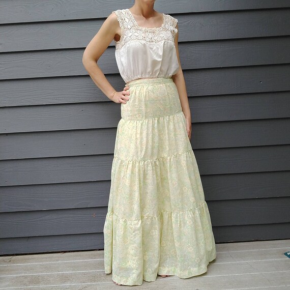 yellow + green TIERED MAXI SKIRT vintage 1970's p… - image 3