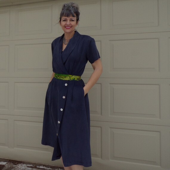 WASHED SILK 1990's does 1940's DRESS with pockets