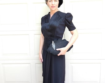 1930&#39;s BLACK puffed sleeve DRESS 30&#39;s S (B7)