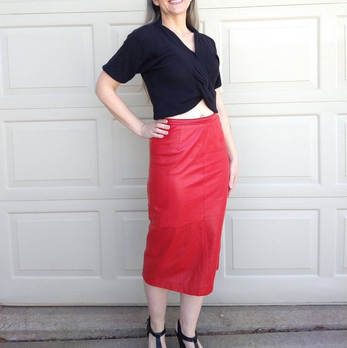 RED LEATHER pencil SKIRT 1980's bad girl sexy S D11 Etsy